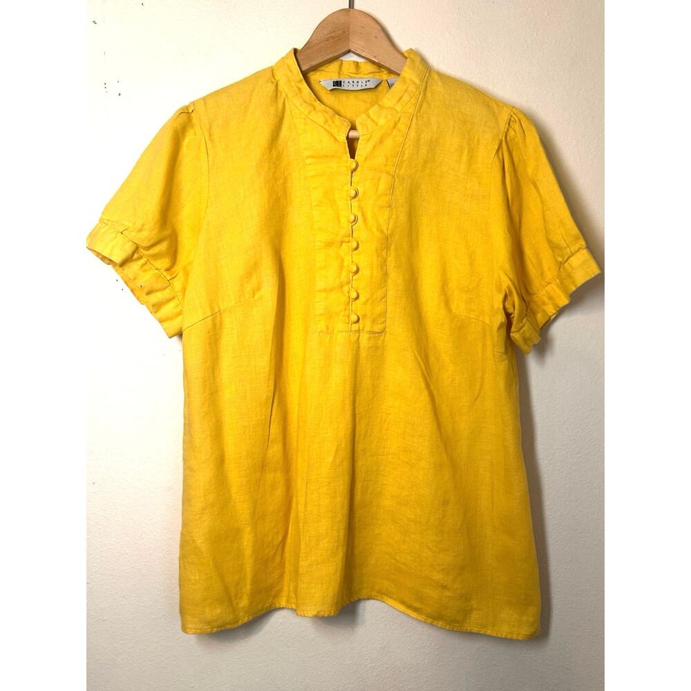 Vintage Carole Little yellow 100% linen button-front top blouse size large woman